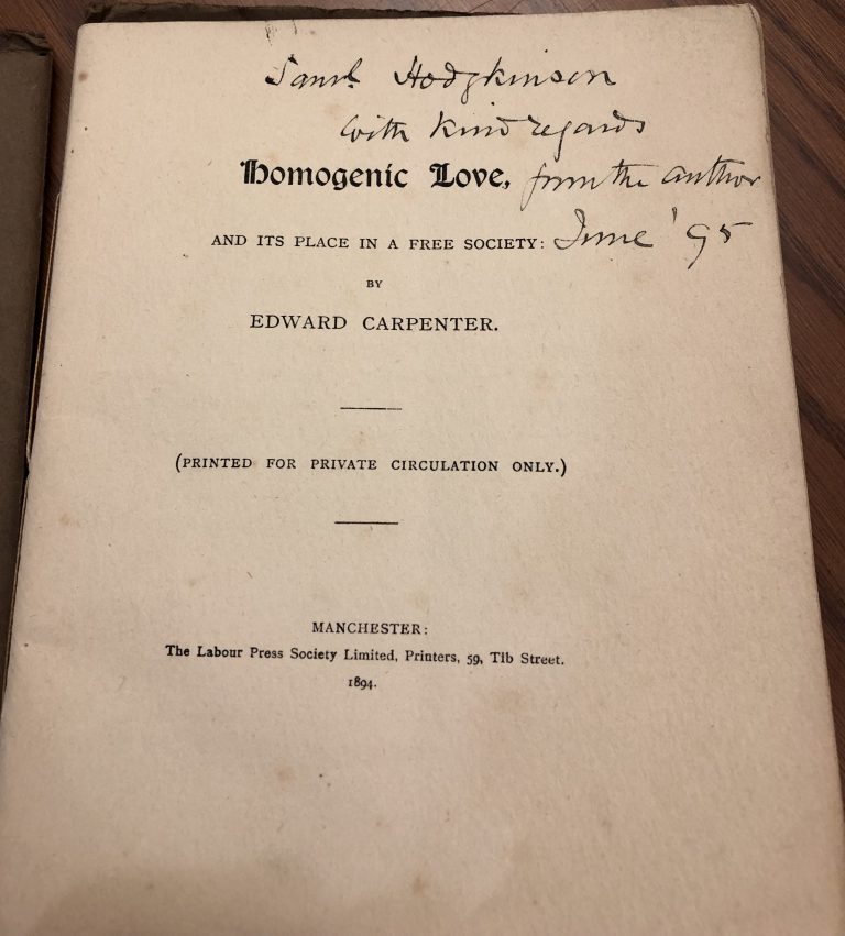 Inscribed title page of "Homogenic Love" by Edward Carpenter