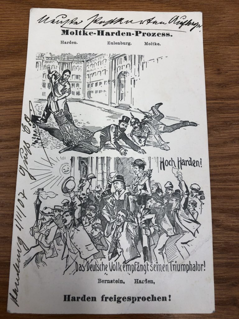 postcard showing Harden as a victor, clearing out the rubbish